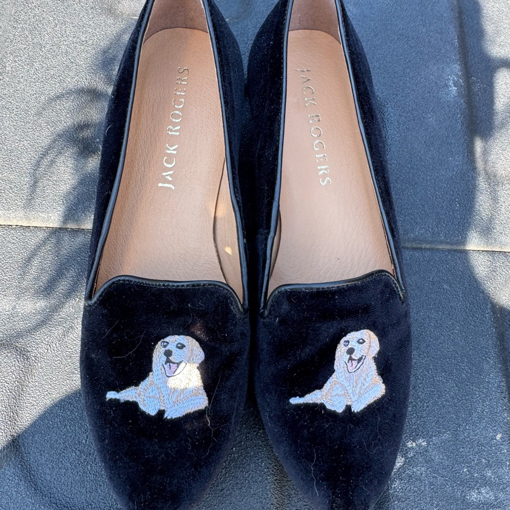 Jack Rogers Black Velvet Loafers with Dog Design